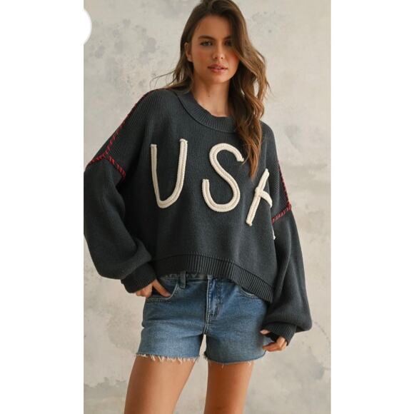 MIOU MUSE Sweaters - Miou Muse USA Rope Letter Sweater Blue Relax Oversized Women's L New